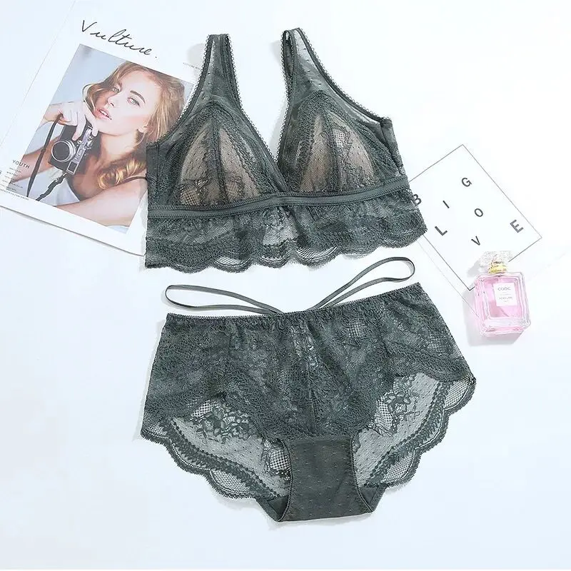 New Wireless Cotton Bra Lace Triangle 3/4 Cup Bra set Women Lingerie Deep Plunge V Brassiere(4 Color