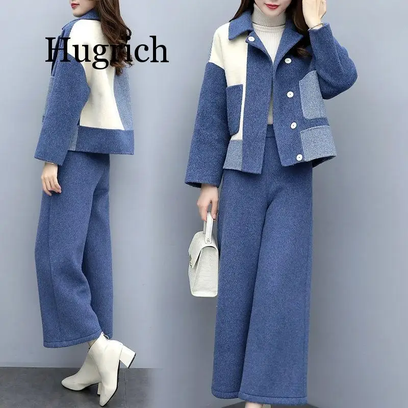

Autumn Winter Woolen Two Piece Sets Outfits Women Plus Size Color-blocked Coat And Wide Leg Pants Suits Elegant Korean Sets 2020