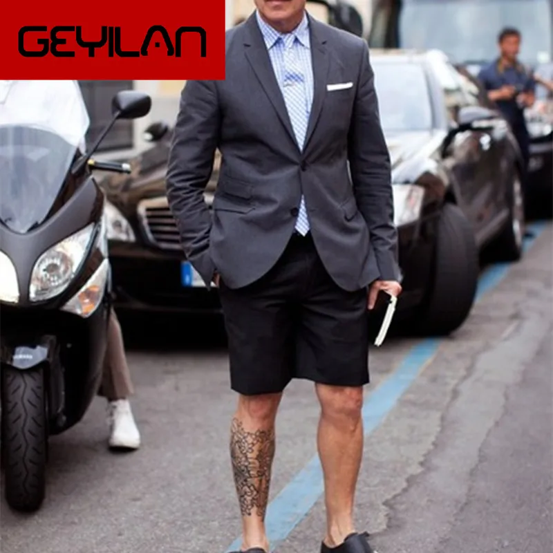 

Summer Suits Grey 2019 Stylish Short Pants Men Suit Blazer With Black Pants Casual Tuxedos Custom Terno Masculino (Jacket+Pant)