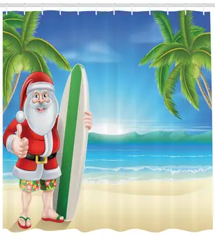 

Santa Claus with Trunks on The Beach and Surfboard Sunny Hot Christmas Theme Bathroom Decor