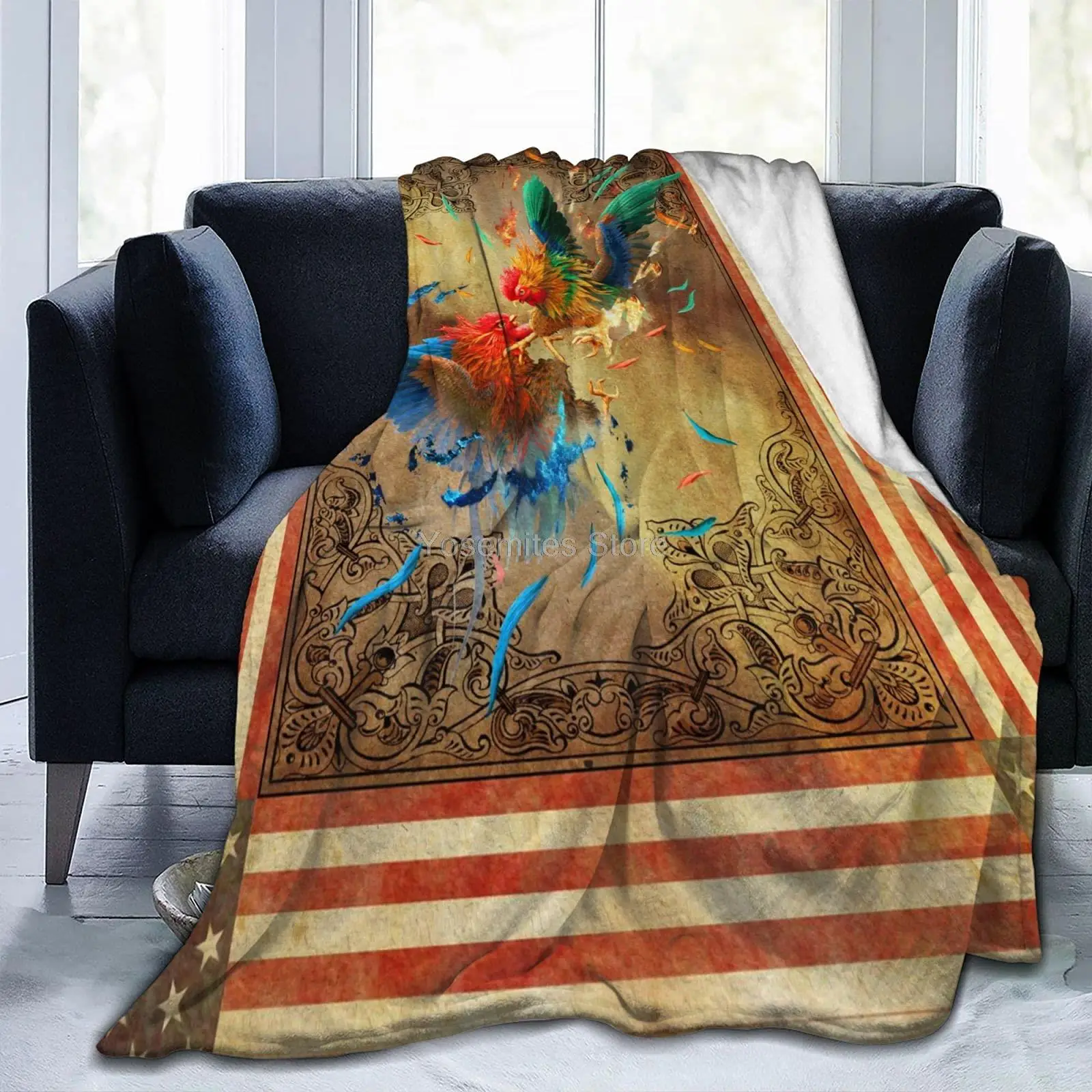 

Rooster Fighting Retro American Flag Flannel Fleece Blanket for Couch Bed Sofa Warm Plush Microfiber Blankets