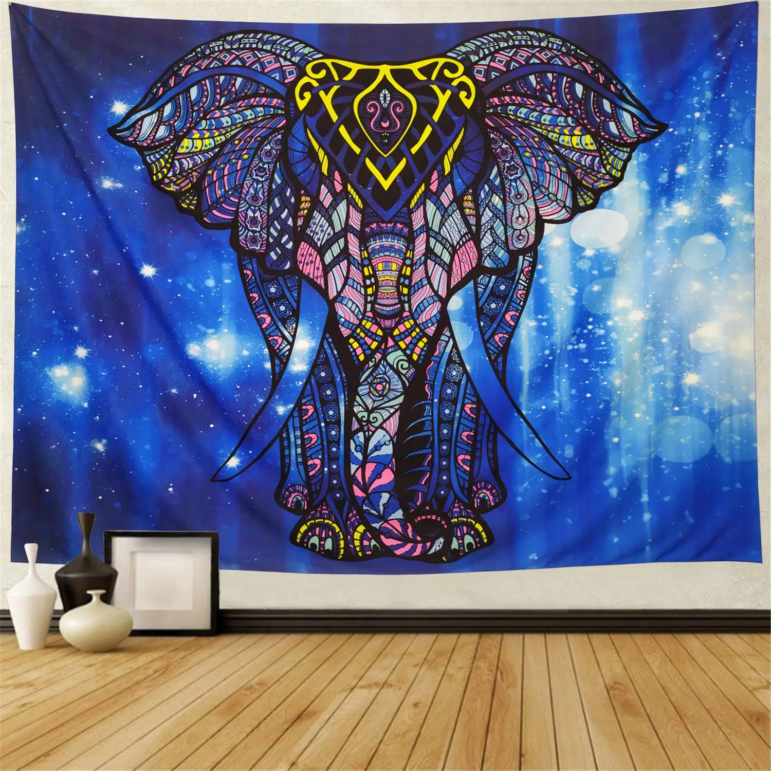 

Starry Watercolor Blue Elephant Wall Tapestry Bohemian Mandala Hanging