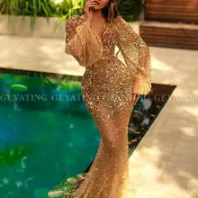Роскошное блестящее Золотое арабское платье для выпускного вечера с длинными рукавами, элегантное вечернее платье с v-образным вырезом в Дубае, Длинные вечерние платья русалки