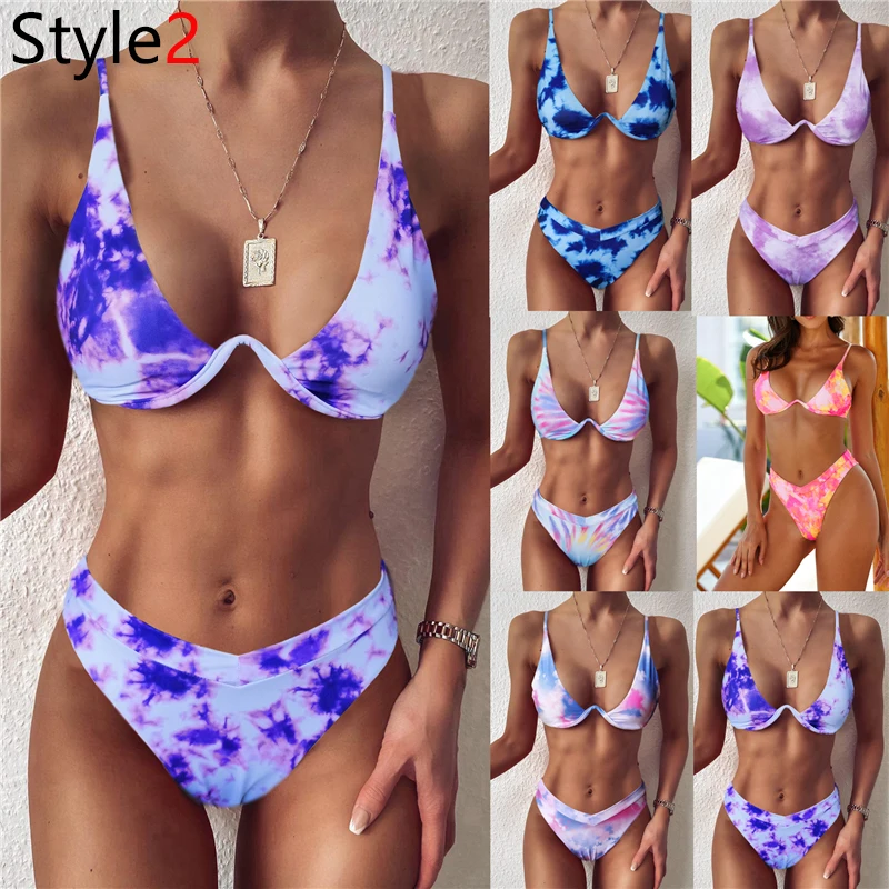 2020 Sexy Bikinis Swimsuit Women Bandage Printing Swimwear Underwire Bikini Set Tie-dye Gradient Bathing Suits Summer Beach Wear