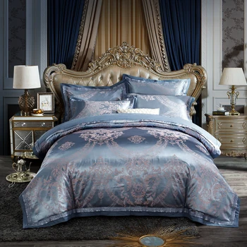 

Papa&Mima Blue Silver European Satin Silk Cotton Linens Jacquard Bedding Set Queen King Size Bedsheet Duvet Cover Pillow Sham