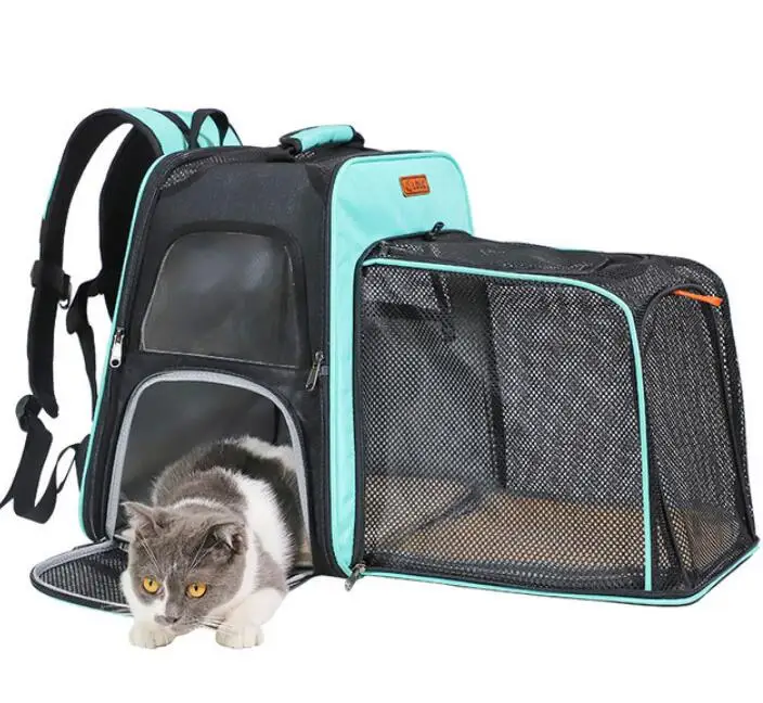 Открытый Pet Cat Carrier Рюкзак щенок Сумочка снаружи расширение складной дышащий Сетки кошки сумка собака переноска дорожная клетка - Цвет: sky blue