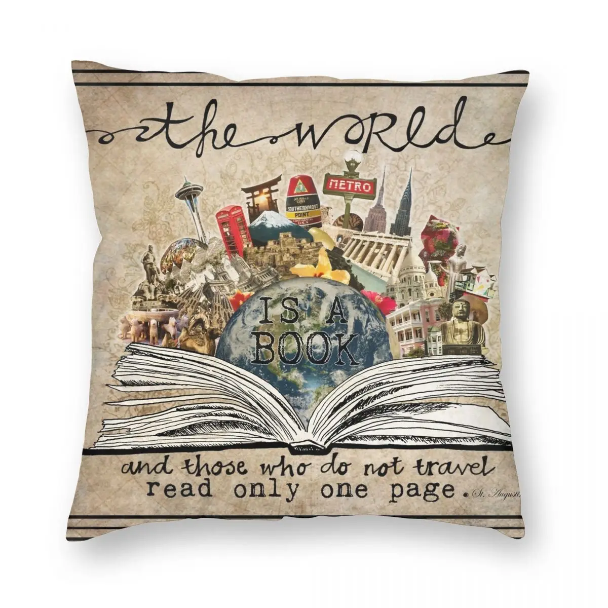 

The World Is A Book Square Pillowcase Polyester Linen Velvet Printed Zip Decorative Pillow Case Room Cushion Cover 45x45