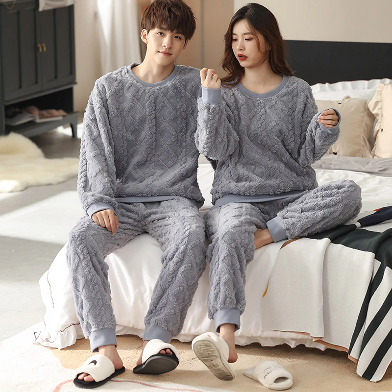 mens cotton pyjamas Pajamas For Couples Set Thick Warm Coral Fleece Pyjamas Winter Lounge Men's Women Sleepwear Flannel Soft Loose Home Clothes Suit mens short pjs