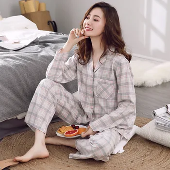 

Cotton Pajamas Women's Spring and Autumn Long-Sleeved Cotton Plaid Autumn and Winter Large Size Leisure Tops Women's Suit