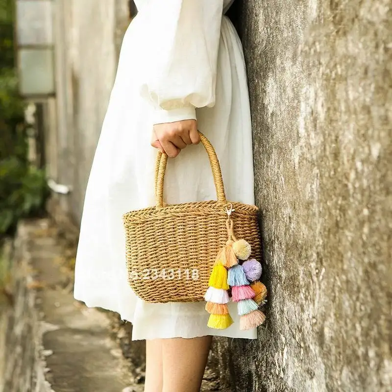 

Handmade Boho PomPom Tassels Bag Accessories Ornament for Beach Straw Bag Handbag Colorful Pom Pom Handbag Pendant