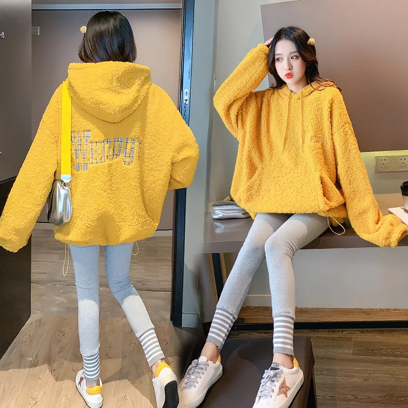 

Photo Shoot Autumn And Winter yun zhuang Hooded Lambs Wool Yellow Hoodie Brushed And Thick Elastic Tops Large Size 180 Tops