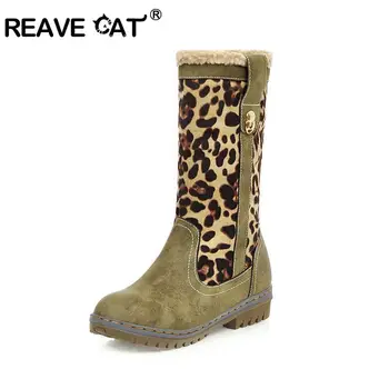 

REAVE CAT snow boots Autumn winter ankle boots women low heels round toe fur warm leopard shoes botines mujer large size 34-46