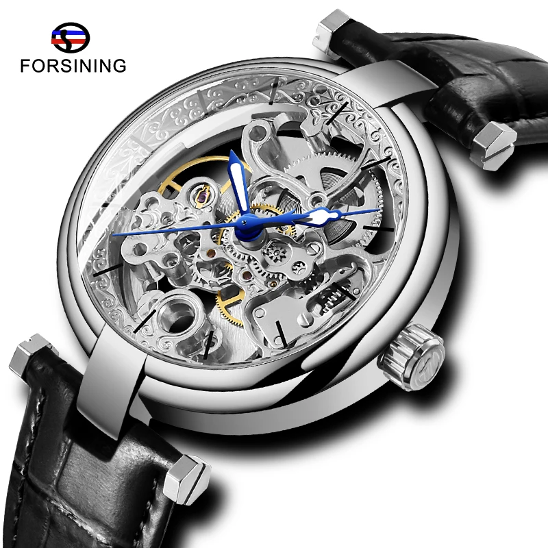 

Fashion FORSINING Mens Automatic Self-wind Watches Sliver Clock Blue Hands Top Brand Luxury Black Genuine Leather Luminous Clock