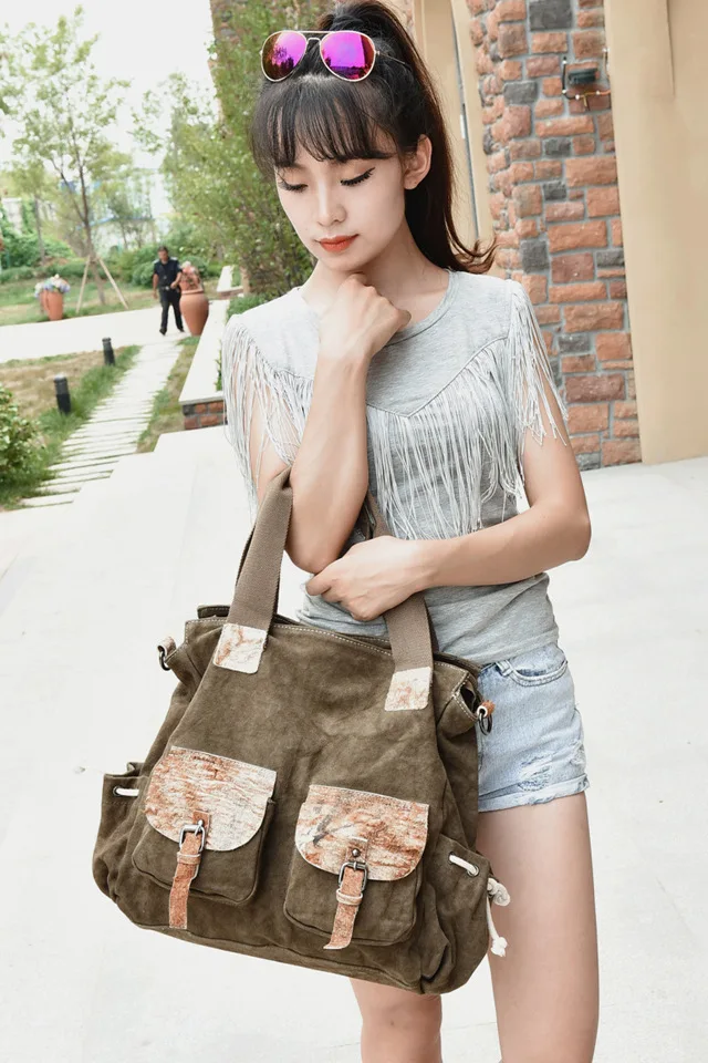New Style Women’s Canvas Handbag with Hand-Rub Skin Shoulder Casual Women's Crossbody Bag Manufacturers Wholesale