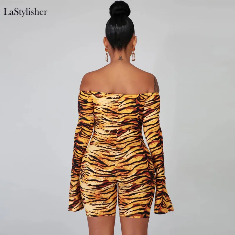 LaStylisher, женские комбинезоны с открытыми плечами, комбинезон с длинным рукавом и животным принтом, комбинезоны, повседневная сексуальная модная женская облегающая Клубная одежда