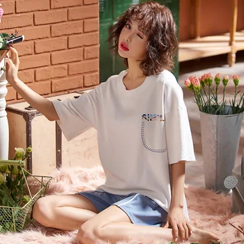 

Multi-color Lettered Emblem Pullover Short Sleeve Shorts Pajamas Homewear Set Series