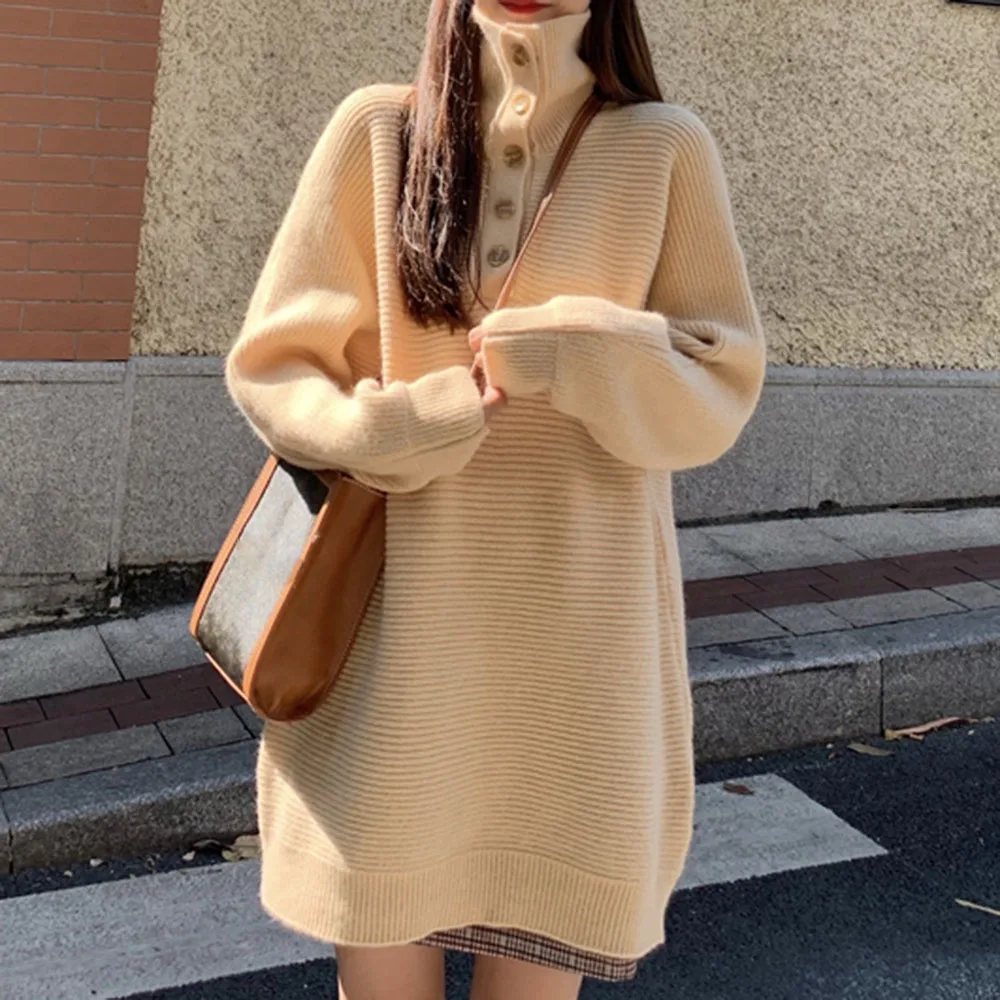 

Pullover Women Long Sweater Turtleneck Solid Color 2020 Fashion Casual Knit Retro Loose Slim All Match Autumn Winter Outwear