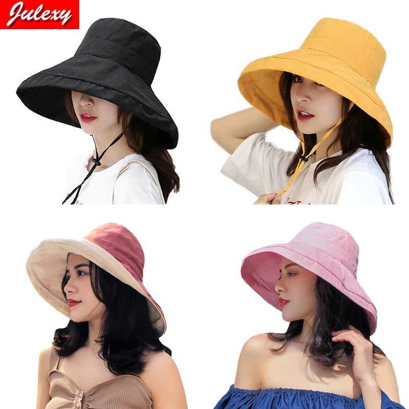 The New Spring And Summer Fisherman Hat Big Brim Sunshade Cloth Hat Foldable Double-sided Hat Solid Color Sunscreen Basin Hat waterproof bucket hat womens