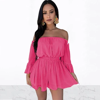 

Casual Off Shoulder Mini Jumpsuits Strapless Slash Neck Butterfly Sleeve Playsuit Summer Beach Ruffled Hem Elegant Party Outfit