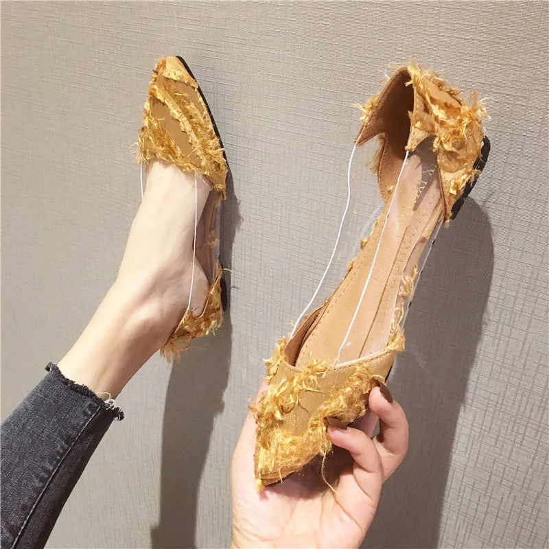 

2020 Spring Shallow Mouth Pointed Toe Women's Shoes Breathable Shoes Transparent Cute Yellow Black Slip on Flat Shoes Size 35-41