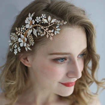 

Wedding Hair Jewelry Clip Leaf Rhinestone Bridal Jewelry Handmade Gold Flower Women Headpiece Hair Piece High Quality