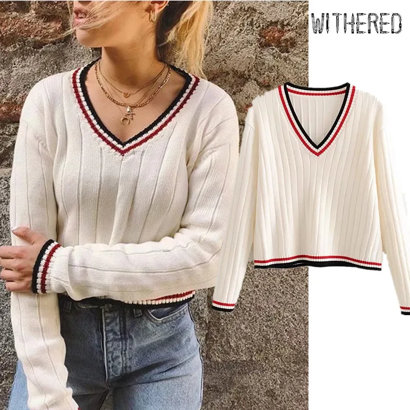 

Withered preppy style BTS winter sweaters women v-neck short striped patchwork knitted pull femme sweaters women pullovers tops