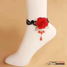 Индийский стиль черный кружевной ножной браслет для одежды аксессуар красный кристалл розовый цветок женские ремни для ног маленькие ювелирные изделия J002