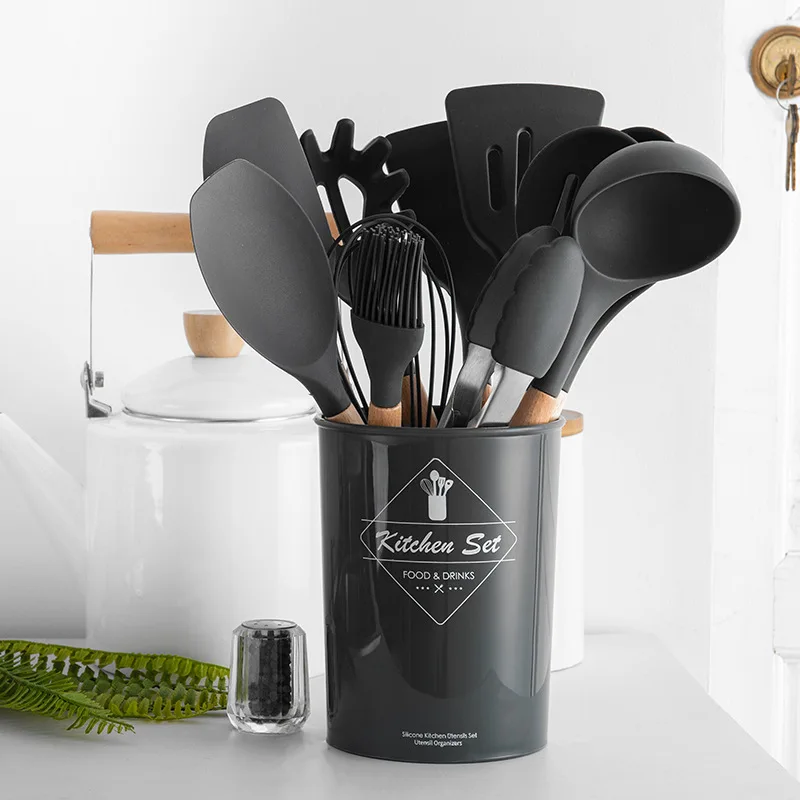 Горячая 11 стиль черный силиконовый набор кухонной утвари деревянная ручка Антипригарная посуда инструменты для приготовления пищи термостойкая ложка шпатель