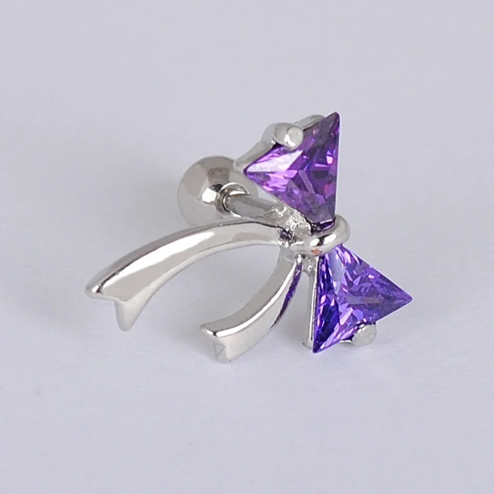 purple 1 шт. блестящие хрустальные серьги-гвоздики с милым бантом, хрящи, трагус, пирсинг из хирургической стали для женщин, массивные ювелирные изделия для ушей - Окраска металла: purple