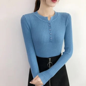 

Autumn Women Warm Solid Color Sweater Fashion Casual Round Collar Long Sleeve Female Loose Button Knitted Sweaters