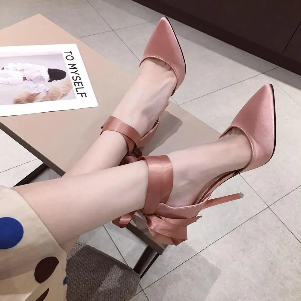 

Spring and summer new pointed toe shallow mouth ribbon bow sandals wild dress bridesmaid wedding shoes stiletto women's shoes