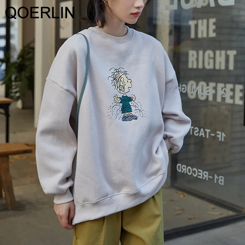QOERLIN Women's Oversize Sweatshirts Korean Cartoon Print O-Neck Loose Sweatshirt Female Pullovers Apricot Casual Split Pulls