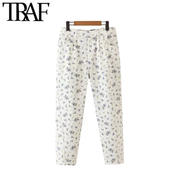 

TRAF Women Chic Fashion Floral Print Pockets Pants Vintage High Waist Zipper Fly Female Ankle Trousers Pantalones Mujer