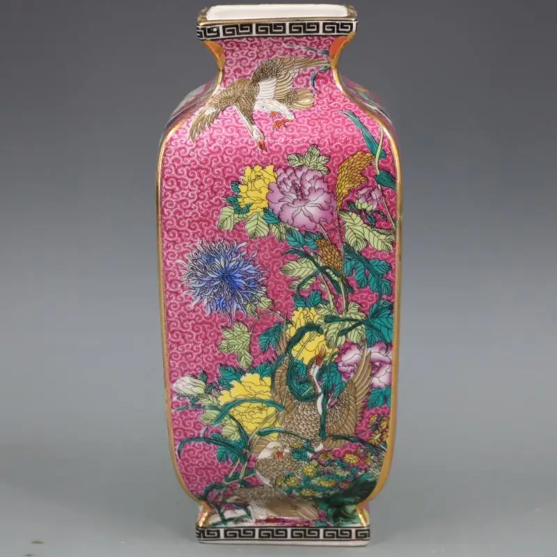 Qing Dynasty Qianlong Enamel Painted Gold Flowers And Birds Square Vase Home Furnishings Antique Porcelain Collection 2