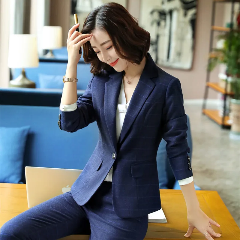 IZICFLY Autumn Spring High-End Plaid Office Women Blazer With Trouser Business Interview Elegant Pants Suits Outfit Work Wear