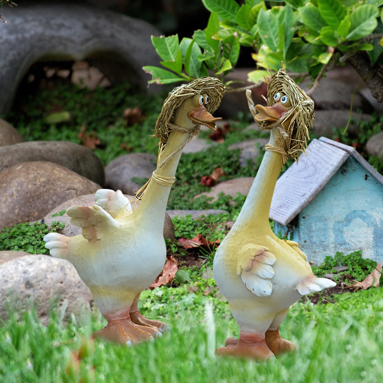 Creative Garden Sculpture Fun Straw Hat Resin And Idyllic Duck Couple Animal Personality Design Craft Decoration #30 | Дом и сад