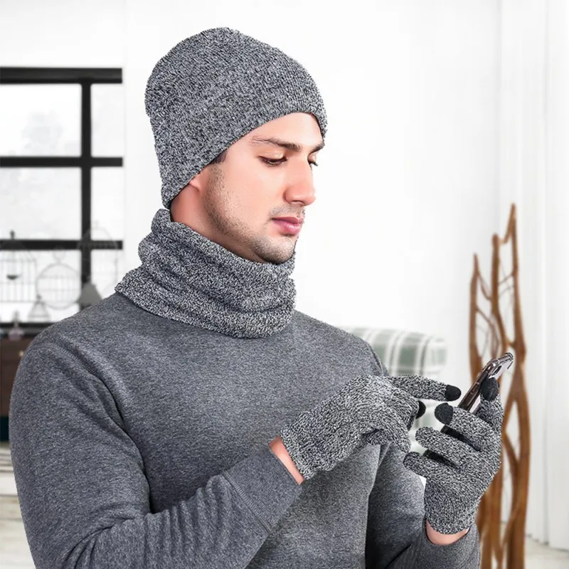 3pcs Knitted Hat Gloves Scarf Set For Men Winter Soft Warm Hiking Cap Scarves Sets Outdoor Gift