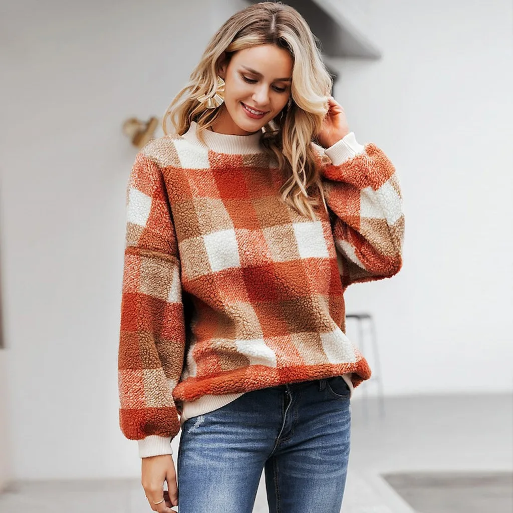 

Hoodies Women Winter Casual lattice Long Sleeve Plush Pullover Faux Teddy Sweatshirt Top Blouse Hoodies Moletom feminino