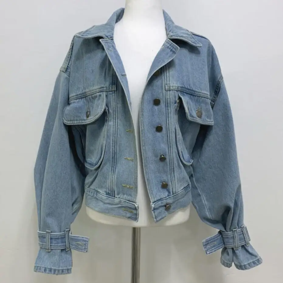 Осенняя винтажная объемная джинсовая куртка с карманами, Женская свободная однобортная короткая джинсовая куртка с пышными рукавами - Цвет: light blue