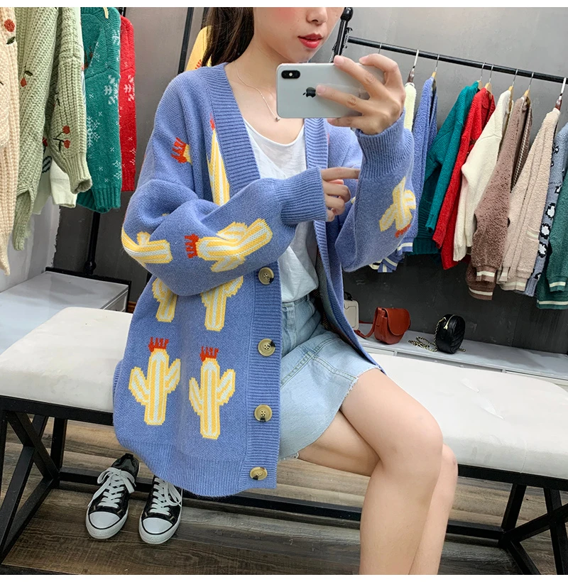 Модный кардиган с рисунком кактуса, Женский однобортный длинный рукав, свободное трикотажное пальто, повседневное элегантное манто, Femme Hiver