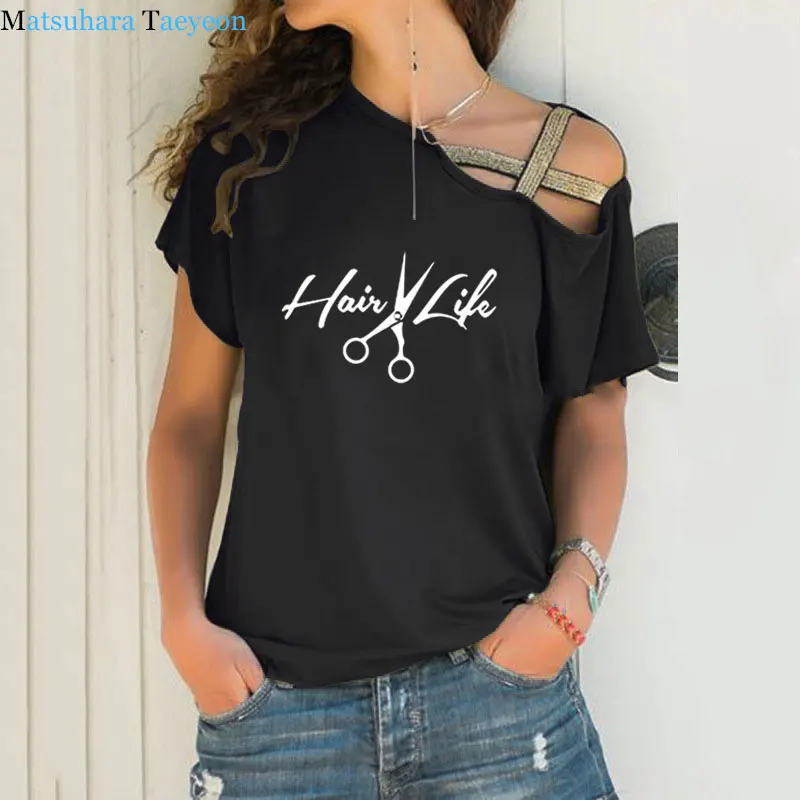 

Hair Life Harajuku T Shirt Women Print Summer Cotton Batwing Sleeve Hip Hop TShirt Irregular Skew Cross Bandage T-shirts Tops