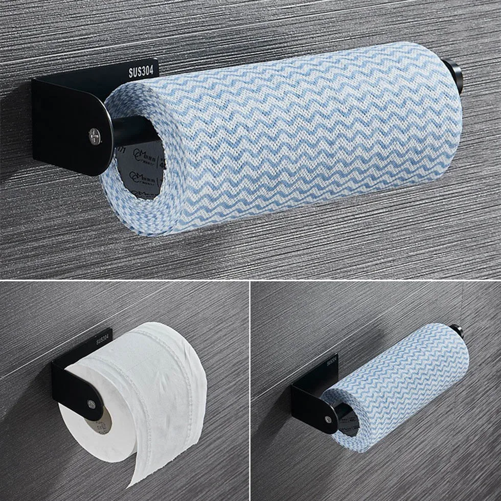 Black Paper Holder 304 Stainless Steel Towel Bar Tissue Rack for Bathroom Kitchen WC Toilet Tissue Paper Towel Roll Holder Stand