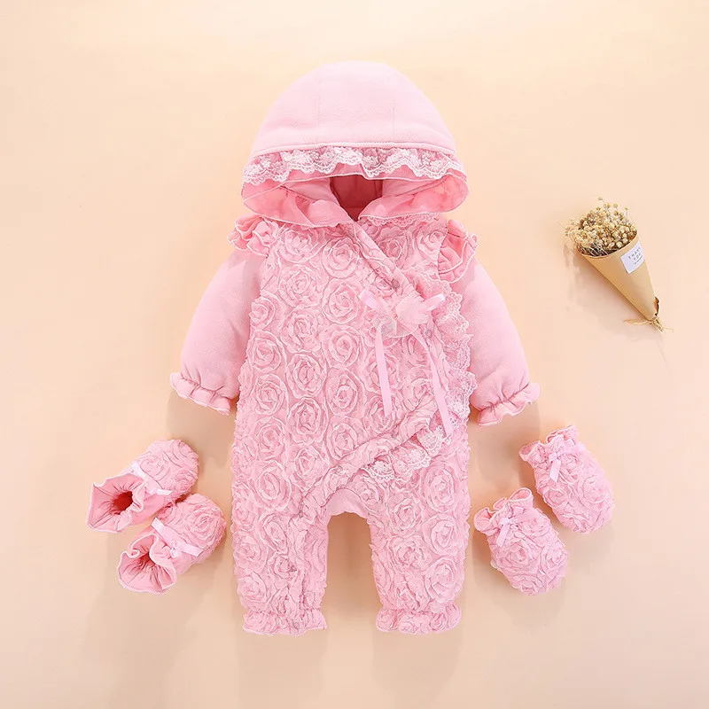 

Baby Winter Overalls For Baby Girls Jumpsuit Newborn Baby Girl Clothes Rompers 3Pcs Baby Gloves Shoes My first christmas Clothes