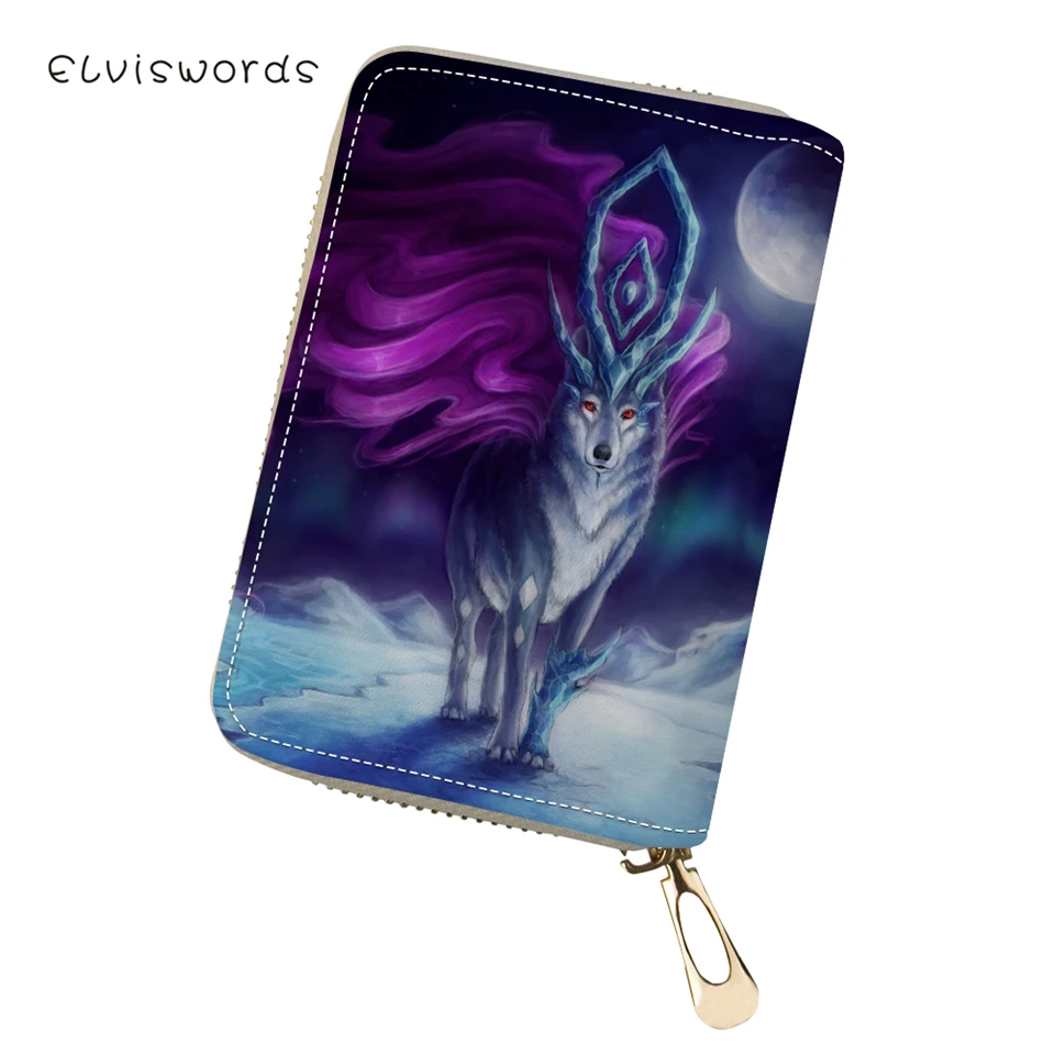 ELVISWORDS Женский PU визитница "Fantasy Wolf" Животный узор девушки кошелек для денег мода мини Cluth карты кошельки