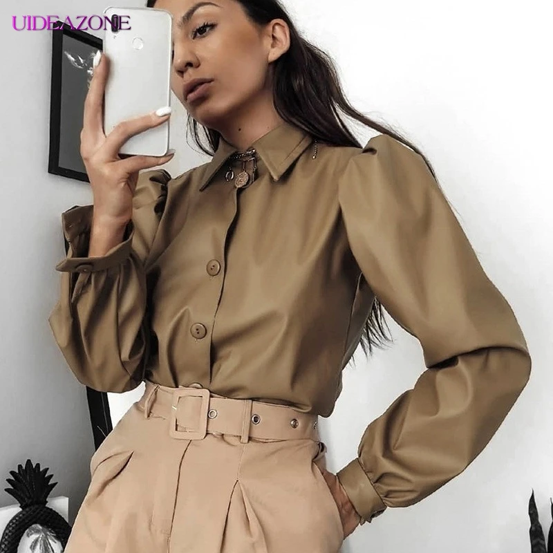 Женские блузки из искусственной кожи с пышными рукавами в стиле панк винтажные