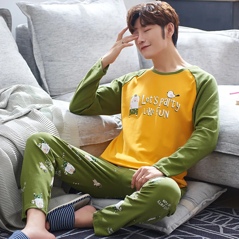 

Spring And Autumn 6535 Cotton Pajamas Men's Long Sleeve Thin Home Wear-Outer Wear Men's Young And Middle-aged Set Japanese Korea