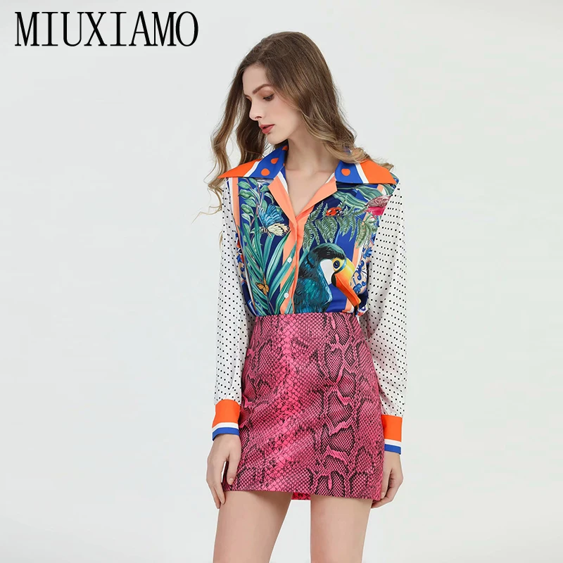 MIUXIMAO, лучшее качество,, для офиса, для девушек, весенний, Твинсет, элегантный, голубой и белый фарфор, топ, питон, узор, костюмы для женщин, Vestidos