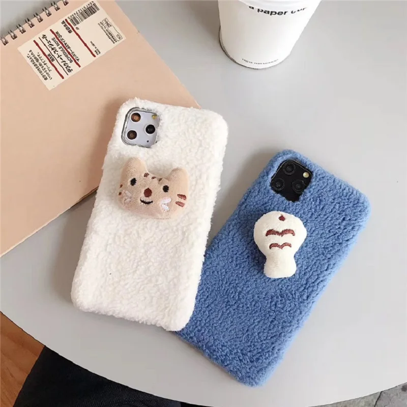 Для iphone 11 чехол XS X XR Pro Max 7 8 Plus мультяшный мех теплый милый котенок рыбка мягкий