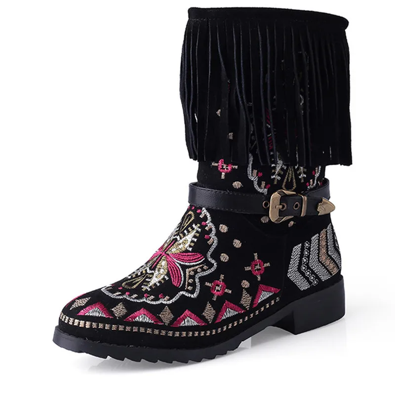 

US4-11 Womens Pointed Toe Genuine Leather Ankle Boots Embroidery Retro Floral Tassels Chunky Heel Belt Buckle Shoes Plus Size