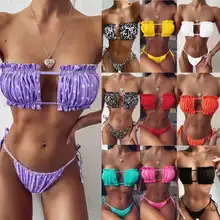 Sexy Bikini 2021 Pleated Bandeau Female Swimwear Women Mini Thong Sandy Beach Bikini Set Bather Beachwear for Bathing Suit